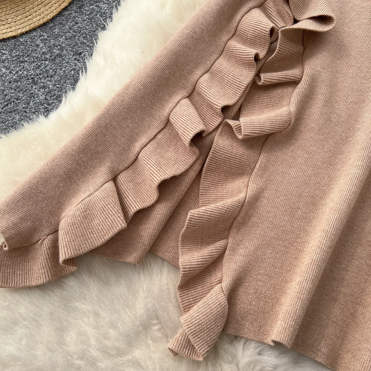 High Street Ruffles Vintage Split High Waist  A-Line Knit Skirt French Basics Office Lady Autumn Winter Fashion Elastic Clothing