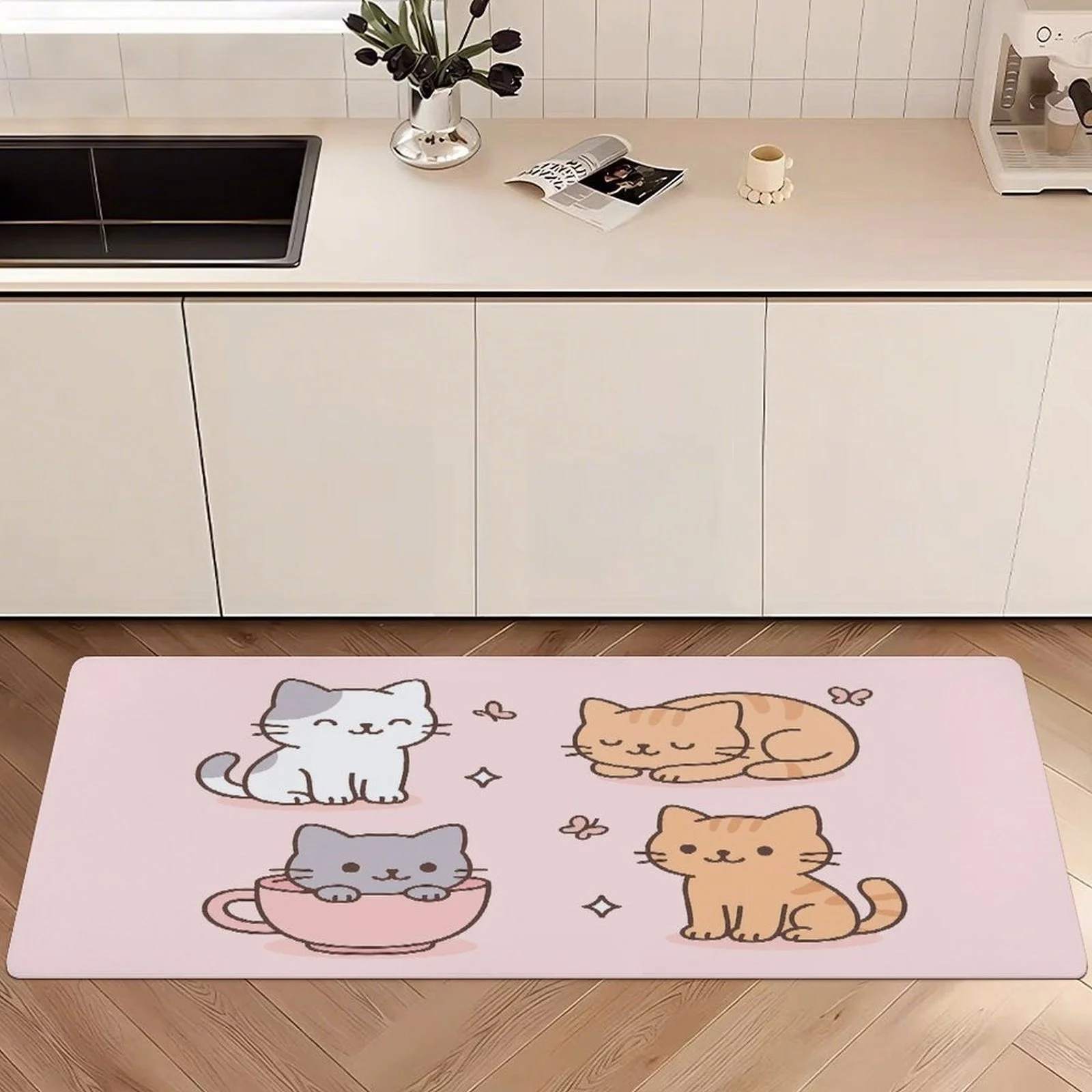 Cute Kawaii Cartoon Kitten Teacup Butterfly Runner Rug, anti-slip easy clean carpet for kitchen front door entryway aisle floor
