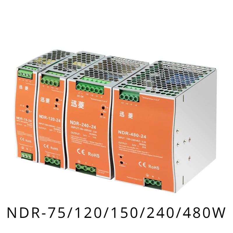 Trilho Montou a Fonte de Alimentação do Interruptor Ndr Edr Ndr75 120 150 240 480w12 24v 48v Output Trilho Industrial do Ruído o