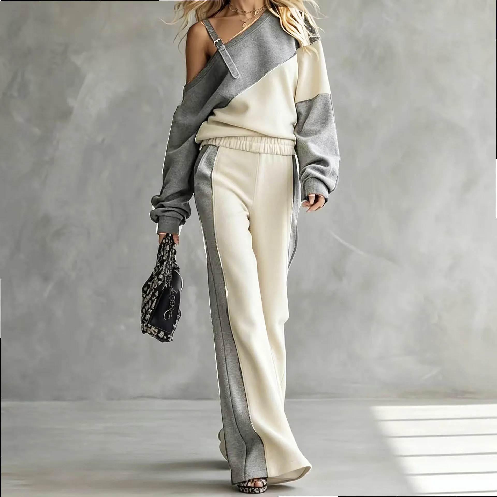 Matching Set Hoodie Jogger Set Women 2 Piece Outfit Off Shoulder Color Block Sweatshirt Pants Loungewear Tracksuit