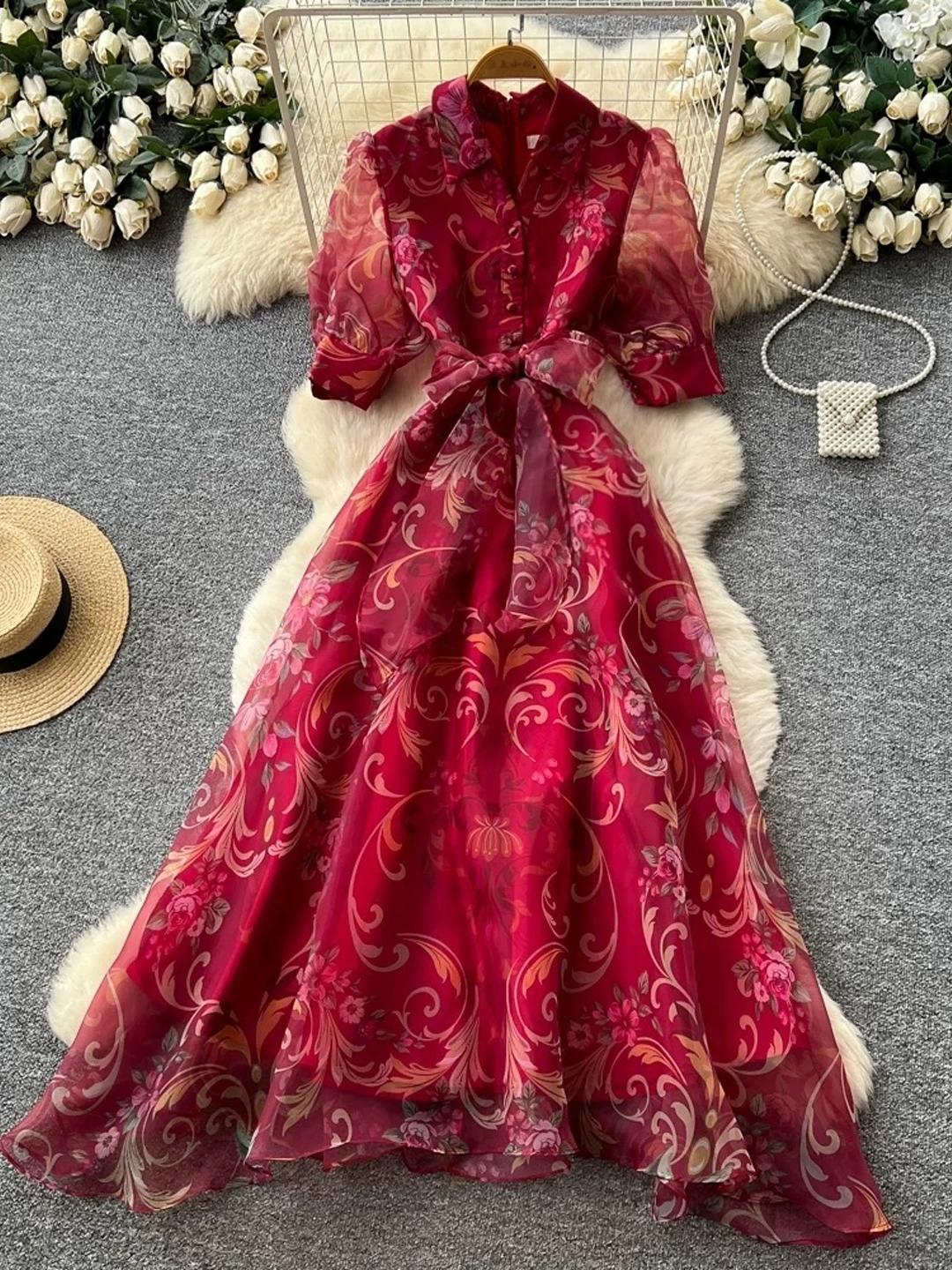 Romantic Vintage Print Long A-Line Skirt with Belt High Waist Five-Quarter Sleeve Stand Collar Performance Dress Women