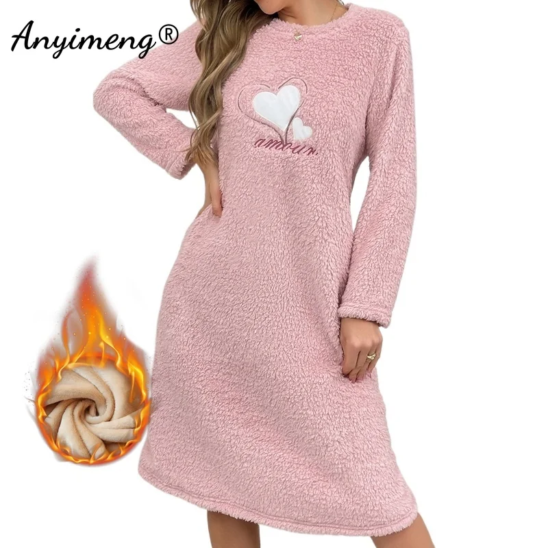 Sweet Lady Winter Heart Print Flannel Nightgown Women Long Sleeves Nightgowns Pullover Woman Sleepshirt Fluffy Pink Pajama Dress