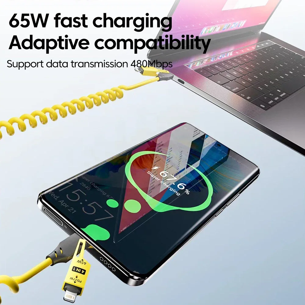 65W Spring Type C Data Cable 6A Four in One USB Telescopic Quick Charger Wire Portable Home Car PD Cable for IPhone 15 16 Huawei