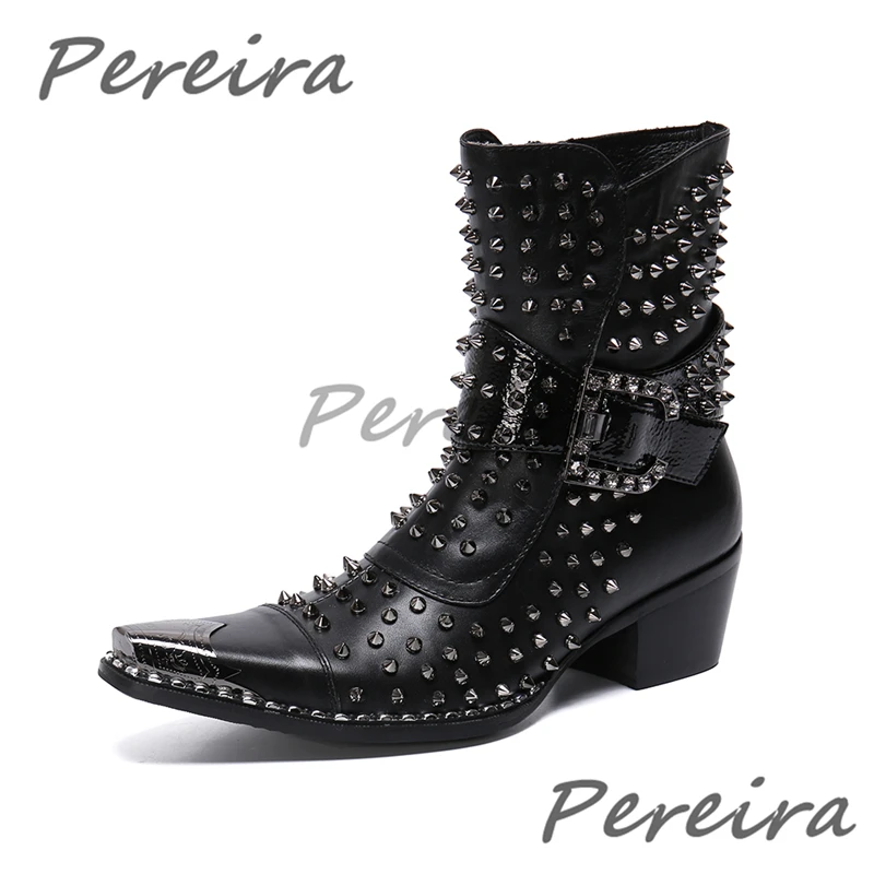 

Punk Style Rivet Decor Chelsea Boots Black Pointed Toe Metal Buckle High Heels Red Genuine Leather Banquet Party Dress Shoes