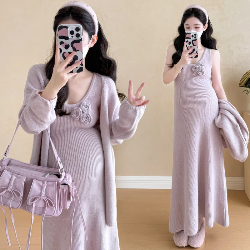 Pregnancy Set Autumn New Style Fashion Korean Knit Outfit with 3D Flower Tank Dress and Elegant Cardigan Sweater Set