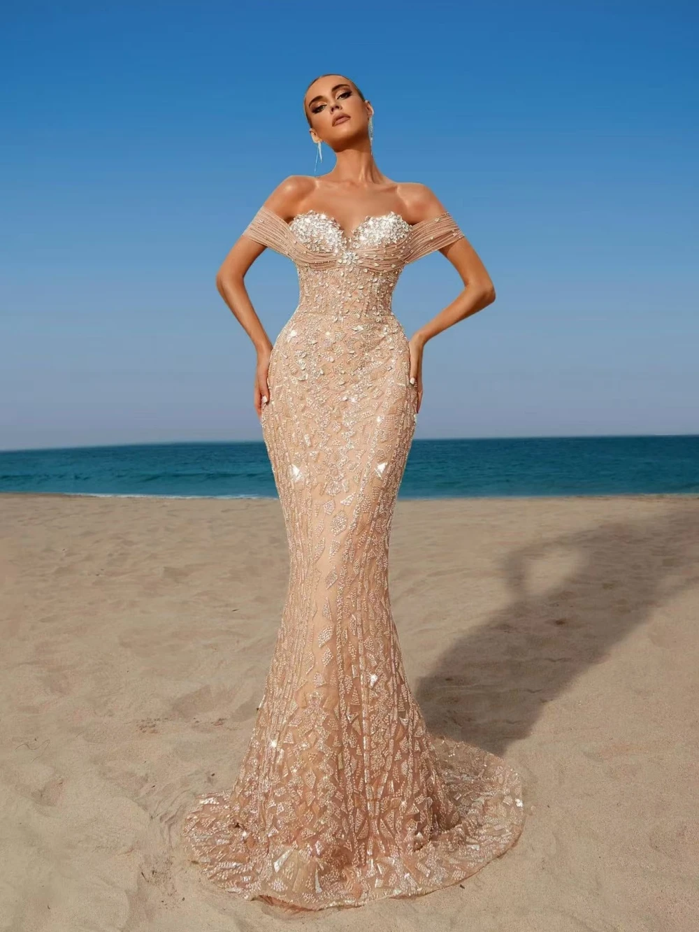 Glanzende kralen lieverd hals avondjurk prachtige kristallen off-shoulder bruiloft jurk op maat gemaakte zeemeermin lange galajurken