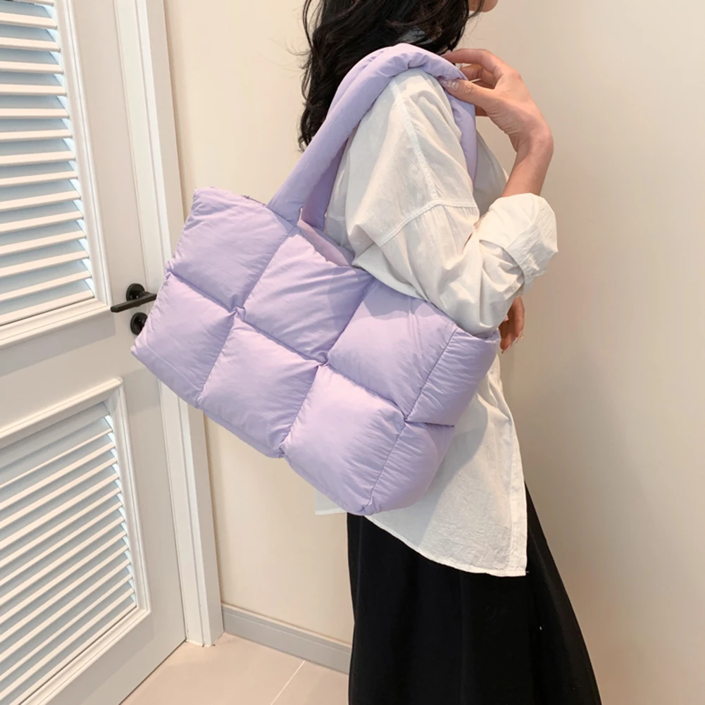 Women Puffer Shoulder Bag Solid Color Quilted Aesthetic Puffy Bags Large Capacity Soft Cloud Tote Bag Casual Tote Bag