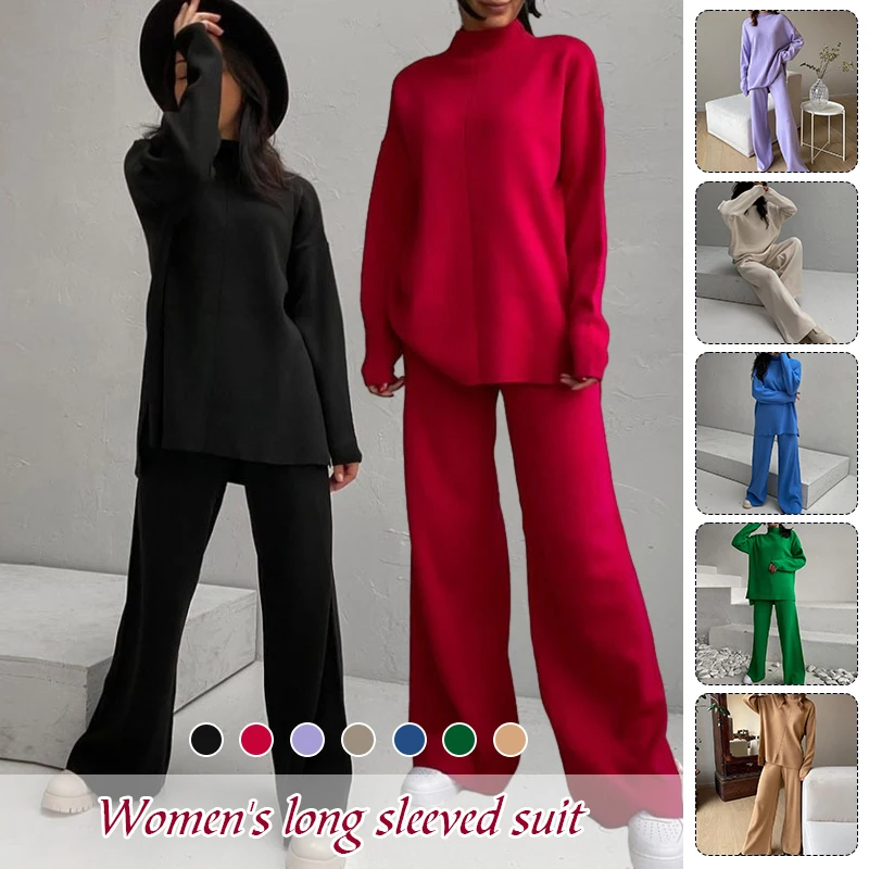 Women Elegant Long Sleeve Tops Autumn Winter Knitted Sweater And Pants Set Lady Pullovers + Wide Legs Pants 2 Piece Suits