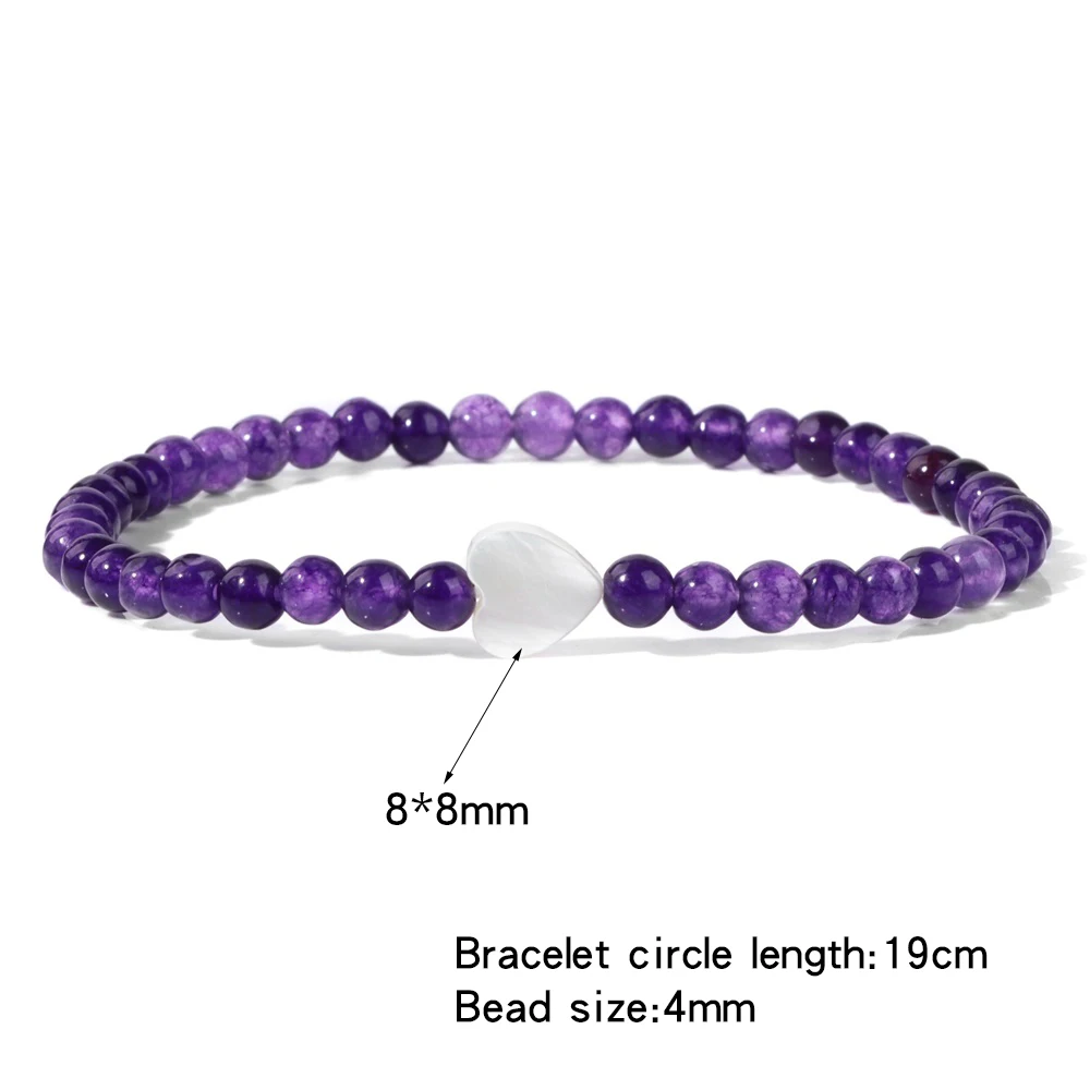 Shell Heart Bracelet 4mm Natural Stone Purple Lilac Amethysts Moss Agates Pink Zebra Beads Elastic Bracelets For Women Jewelry