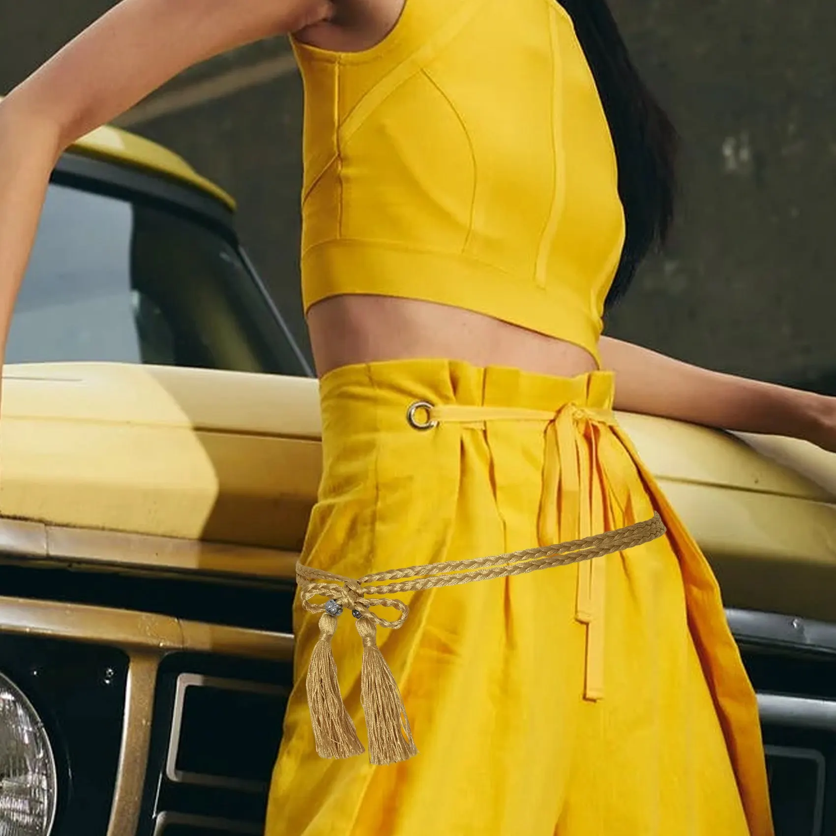 A97G เข็มขัดพู่ทอปมตกแต่งสายโซ่เอวเชือกเอวสีทอง