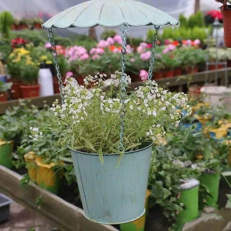 

Vintage Retro Metal Handicraft Balcony Umbrella Style Hanging Flowerpot Bird Feeder Green White Garden Decor