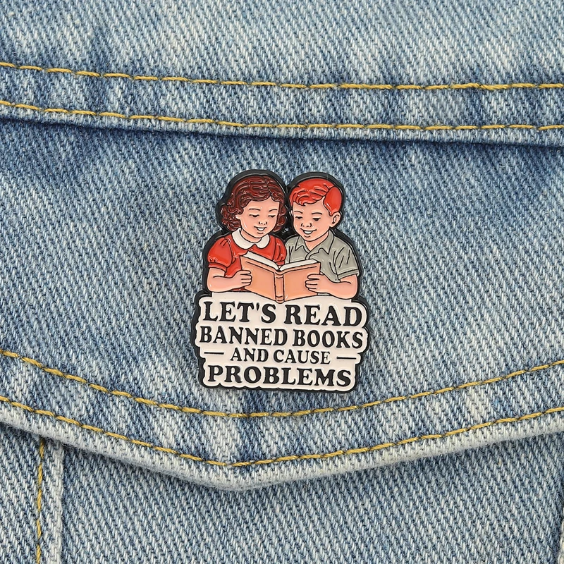Vintage Library Style Pin Banned Books Activism Design with Reading Freedom Slogan for Book Lovers Literary Enthusiasts Gift