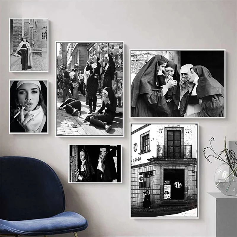 Smoking Sexy Nun Painting Poster Vintage Photo Black and White Wall Art Canvas Printings Funny Bad Girl Retro Prints Home Decor