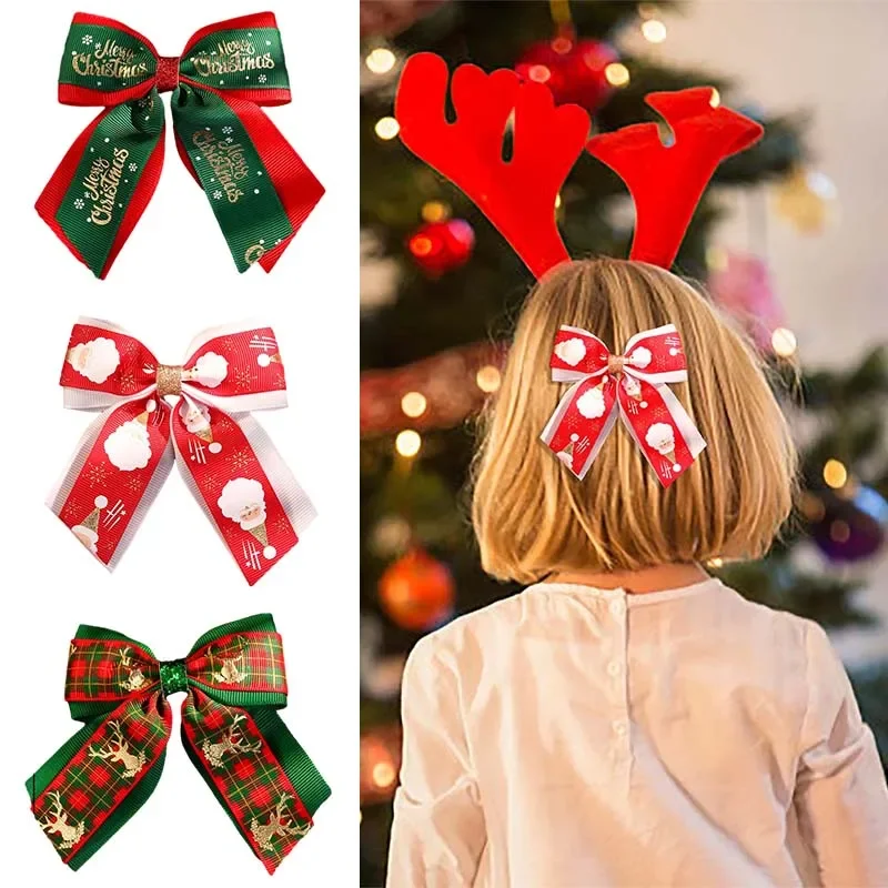 

ncmama New Christmas Hair Bow Hair Clips For Women Girls Ribbon Santa Claus Print Hair Pin Barrettes Hairgrips Hair Accessories