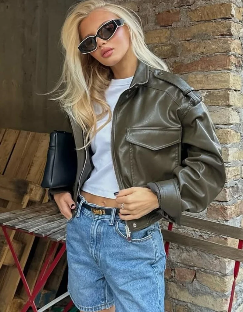 Chic Fashion Faux Leather Jackets for Women Loose Zipper Long Sleeve Female Short Coats 2026 Autumn Lady Casual New Outerwear ﻿