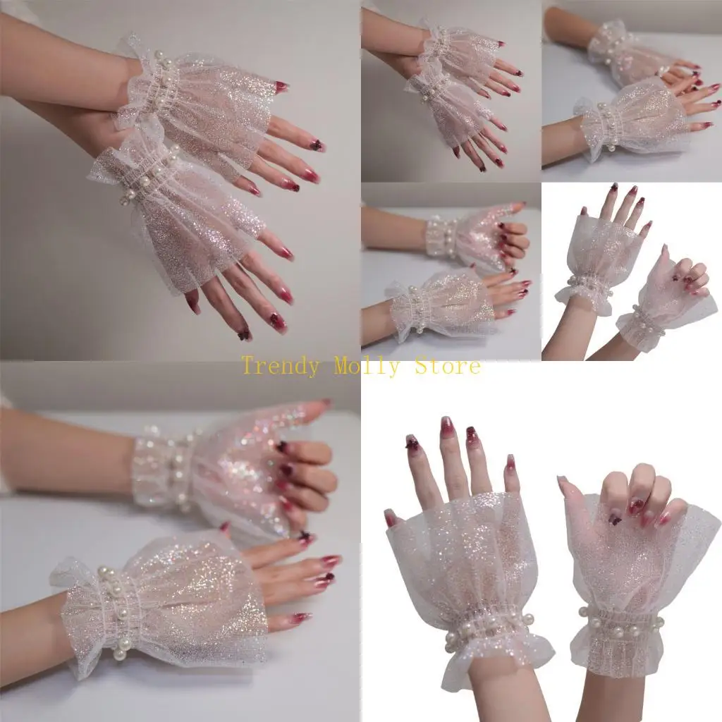 

N5KB 2lots Exquisites Fingerless Lace Bridal Cuffs Pearls Decoration Sleeves