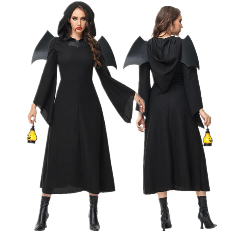 Neues Halloween-Damenkostüm Bla Witch Devil Outfit Bat COS Kleidung Wizard ort Robe Fem Sle Faionable