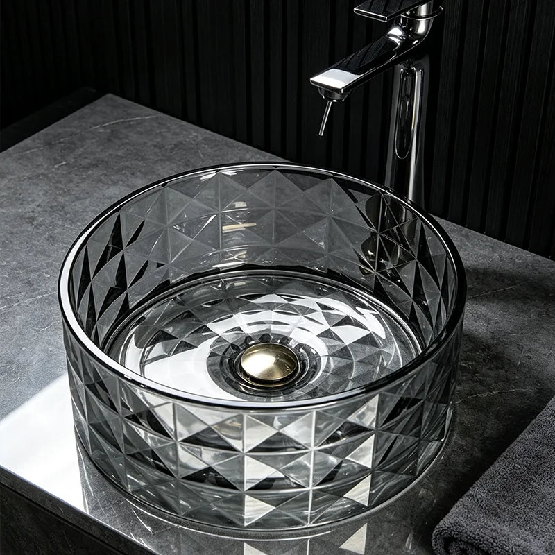Gray Glass Countertop Basin, with a Simple and Elegant Round Shape, the Light Passes through the Basin Body, Reflecting Dynamic Light and Shadow, Creating a Rich Atmosphere. the Three-Dimensional Diamond Pattern Design Adds More Layers to the Light and Shadow, Making It an Ideal Choice for Modern Bathroom Fixtures, Suitable for Dressing Rooms, Vanity Tables, and Home Bathroom Sinks, and Can Be Matched with Various Decor Styles (Accessories Not Included)