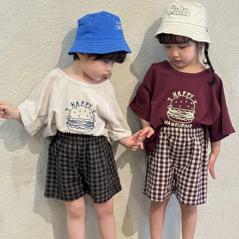 2024 Summer Children's cool clothes set Girls burger printed short sleeve Tee and plaid shorts 2Pcs suit Boys outfit