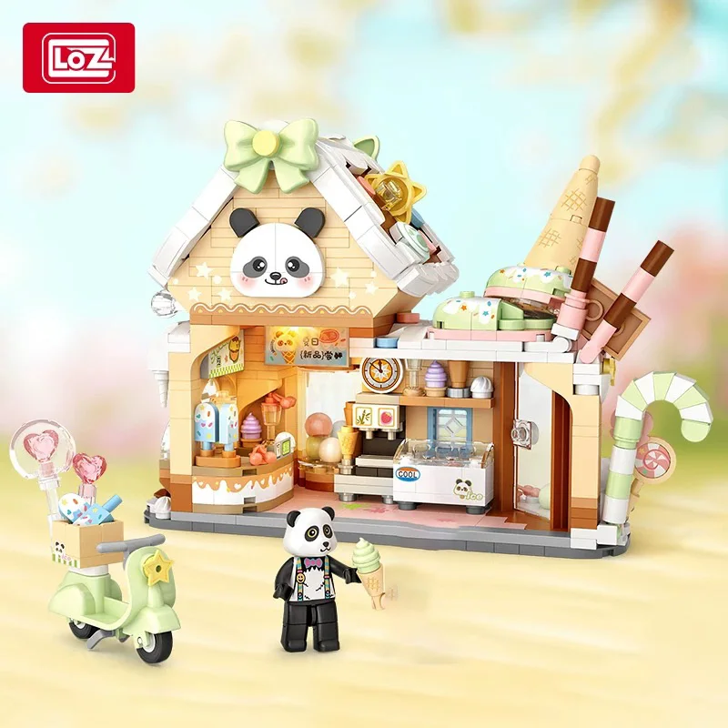 LOZ-1380 الباندا الآيس كريم البيت غير تقليدي منزل خشبي سلسلة عرض الشارع الصغيرة تجميعها نموذج قطع ألعاب مكعبات البناء للأطفال