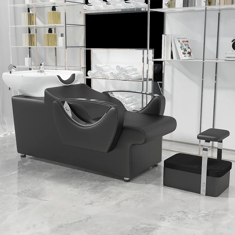 

Barber shop lying half shampoo chair Flushing bed hair salon ceramic basin shampoo recliner with pedal leather shampoo chair