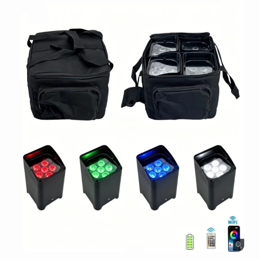 4pcs with Bag 6x18W LED Par Light 6in1 RGBWA/UV Wireless Built-in Battery Remote Control WiFi Wash Stage Light for DJ Disco KTV