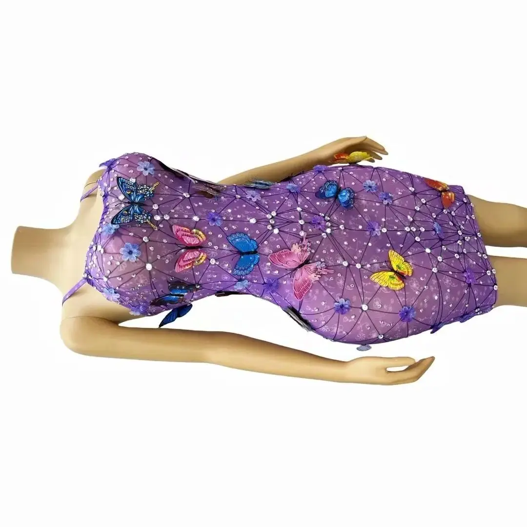 

Glitter Women Summer Dress 2024 New Arrival Butterfly Purple Designer Prom Gowns Celebrity Birthday Evening Party Stage Wear
