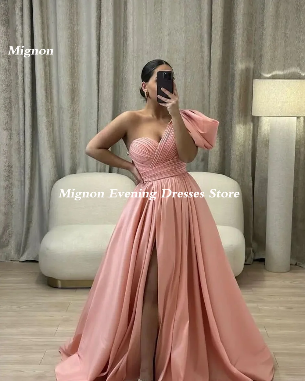 Mignon Satin A-line One-shoulder Popular Ruffle Prom Gown Floor-length Elegant Formal Evening Party Dress for Women 2023