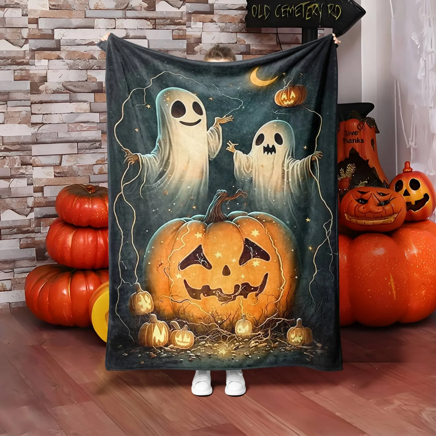 1 STÜCK Halloween-Überwurfdecke, Skelett-Kürbis-Schädel, Geisterfledermäuse, dünne Decke, Geschenke für Couch, Bett, Auto, Zuhause, Camping, alle Jahreszeiten
