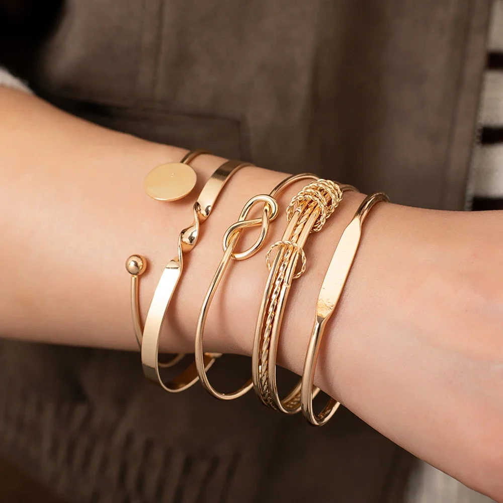 Gold Color Cuff Bracelet Set for Women Layered Stackable Opening Adjustable Bracelet Suitable for Daily Wear Fashion Jewelry