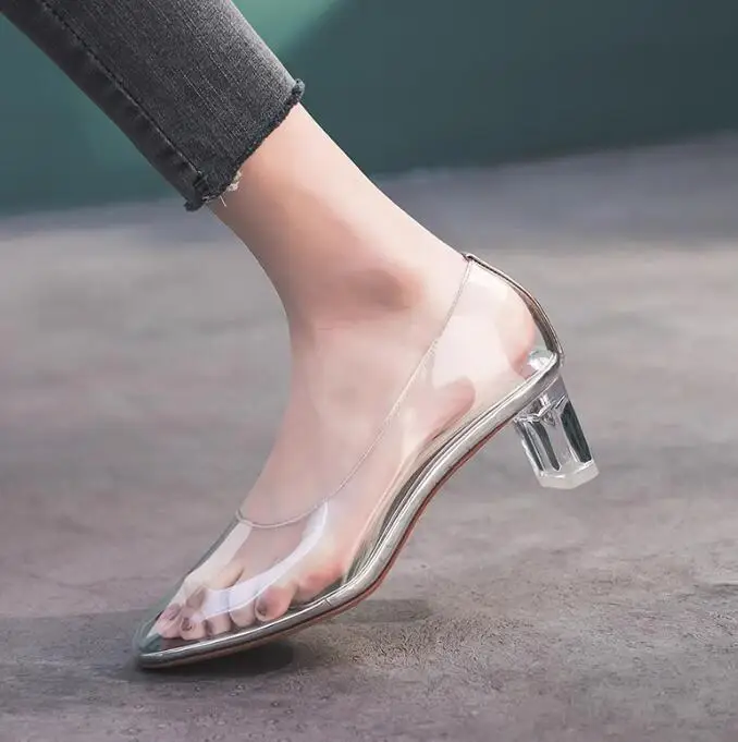 Summer Clear PVC Chunky heels Closed Pointed Toe Pumps Slip On Women Transparent Pumps Crystal Shoes Ladies