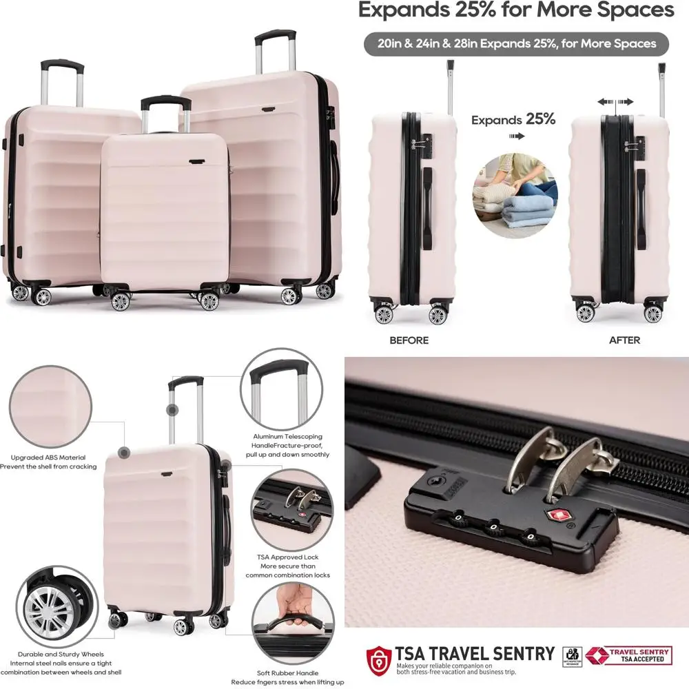 

3 piece hardside spinner luggage set with tsa lock and carry-on size (black)