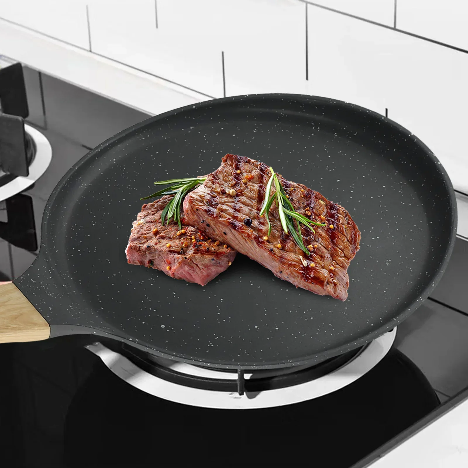 Lightweight Aluminium Stone Skillet with Secure Grip Wooden Handle Perfect for Everyday Cooking on Gas and Induction