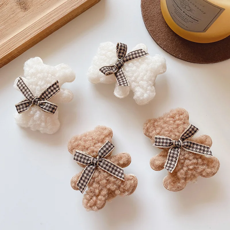 2pcs Milk Coffee Color Hair Clip Plush Bear Side Clip for Children Baby Handmade Girls Hair Accessories Winter Cloth Barrettes