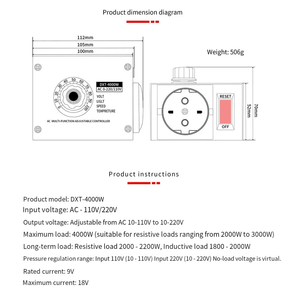 4000W Multifunctional Adjustable Controller AC-110V/220V DXT-4000W For Resistors, Heating Systems, And Fans For Temperature