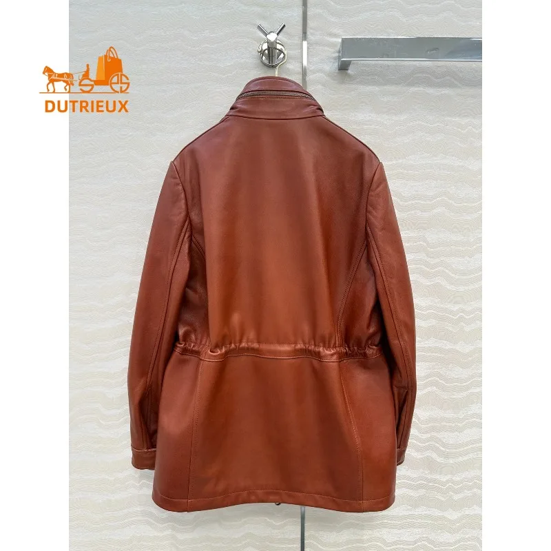 Winter Women's Adjustable Waist Traveler Stand Collar Hooded Leather Jacket, 100% Genuine Sheepskin Versatile and Gorgeous Coat