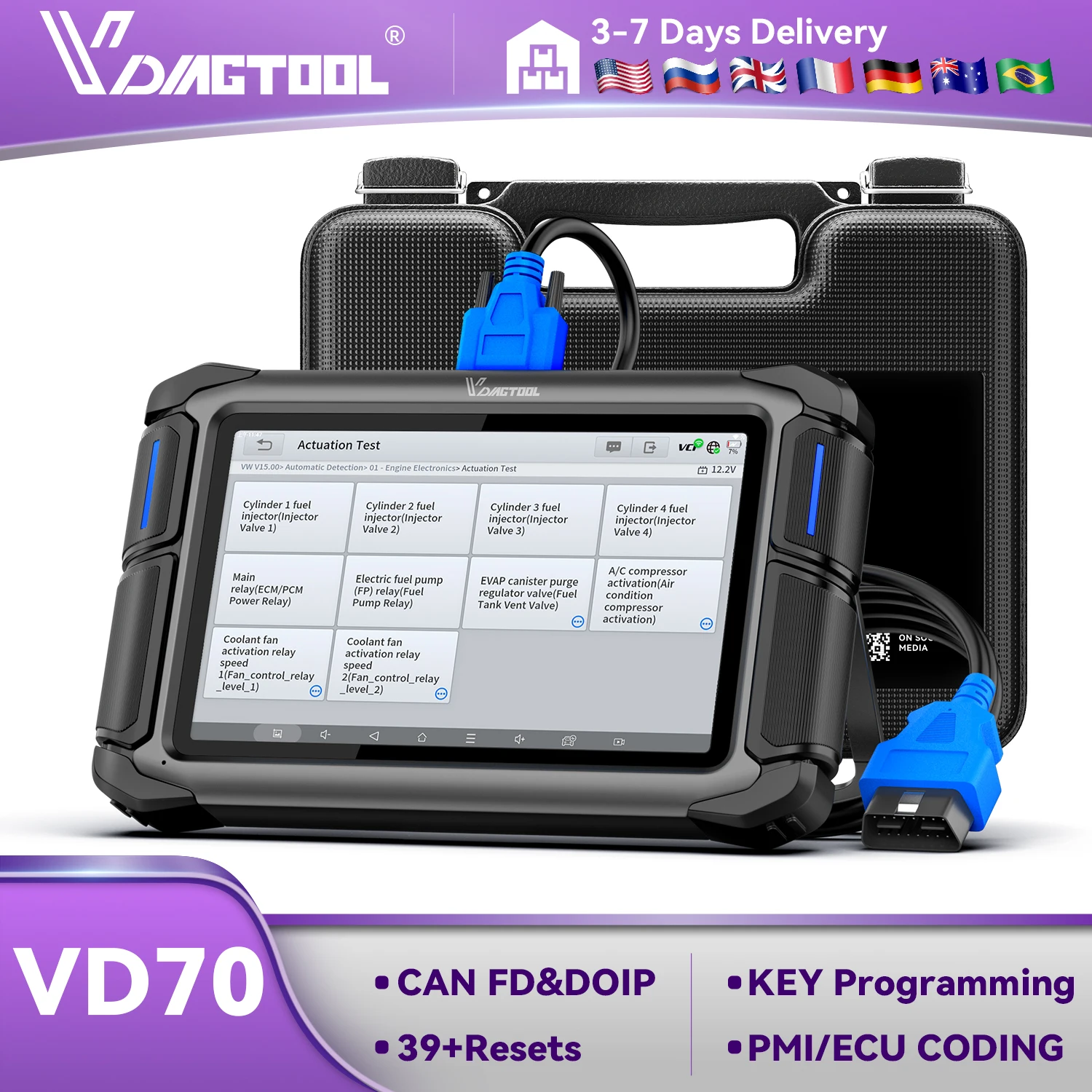 VDIAGTOOL VD70 Automotive OBD2 Scanner Car Diagnostic Tool ECU Coding with 39+ Resets DOIP FCA Key Programmer Scan Tool