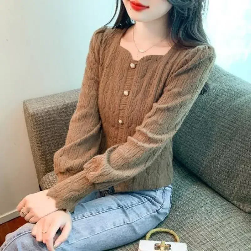 Women Fleece Lined Knit Cardigan Square Neck Hollow Out Long Sleeve Warm Casual Sweater Coat