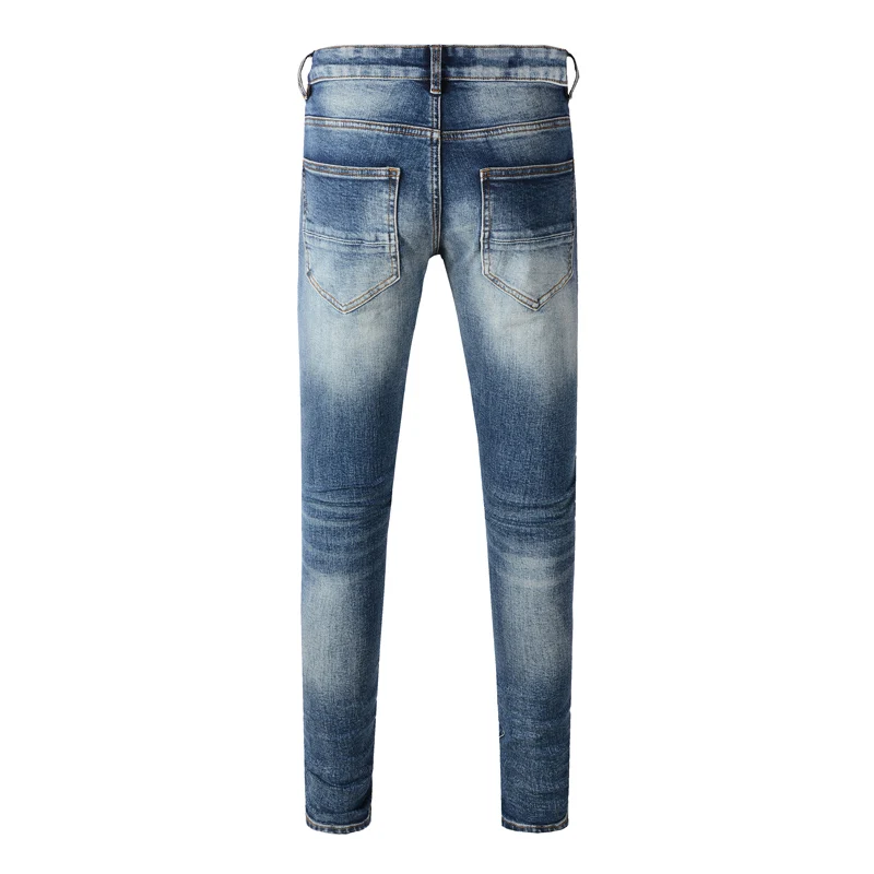 Fashion Designer Men Jeans High Quality Retro Blue Stretch Slim Fit Ripped Jeans Men Leather Patched Hip Hop Brand Denim Pants