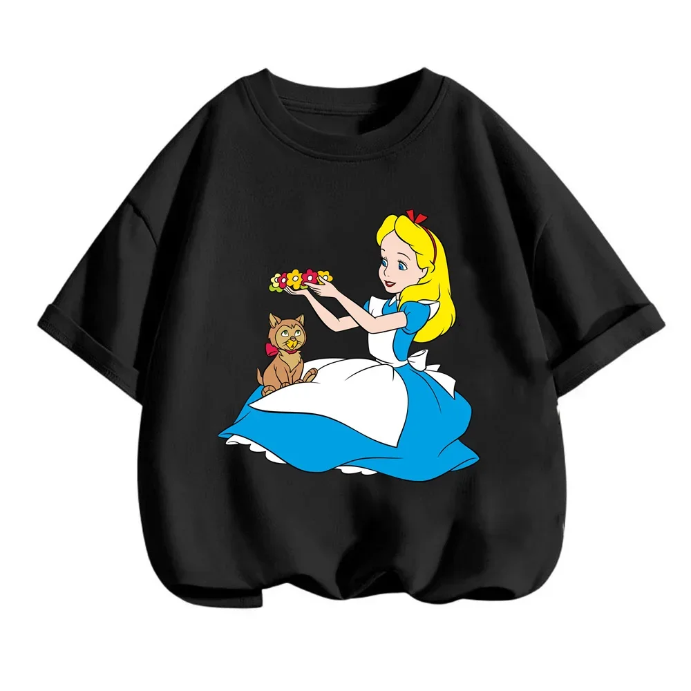 Cool Disney Alice in Wonderland Summer T-Shirts for Kids Q-Version Cartoon Prints O-Neck Trendy Street Upper Wear for Boys Girls