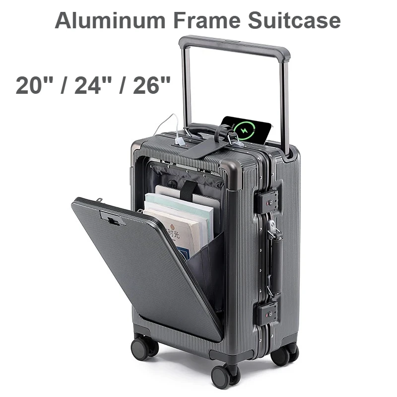 

20/24/26" Front Open Trolley Luggage Lightweight Hard Shell Carry On Suitcase with Cup Holder & USB Multi-Functional Travel Case
