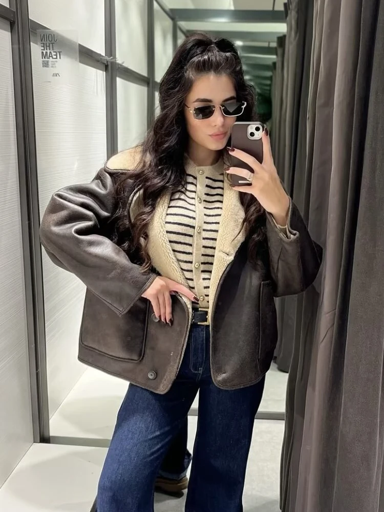 

Vintage Women Oversize Faux Leather Coat Autumn Winter Clothes Warm Pocket Long Sleeve Jacket Fur Patchwork Casual Outerwear