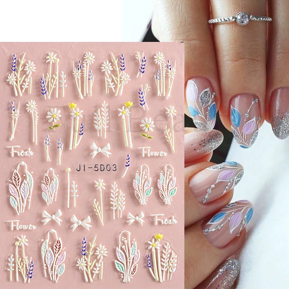 5D naklejki do paznokci kwiaty geometryczne linie Decor akrylowe tłoczone suwaki złote oprawki kalkomanie do paznokci kwiat wiśni Manicure GLJI-5D05