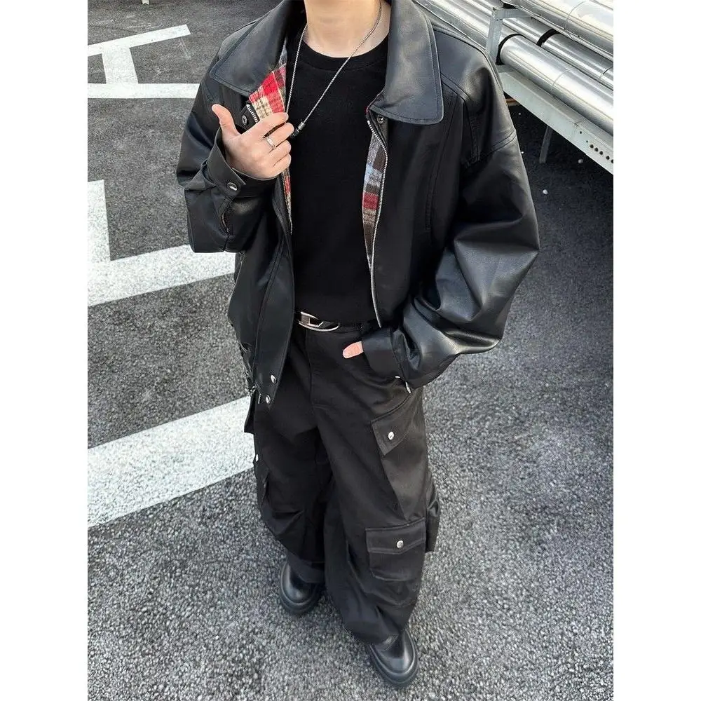 

American Retro Double-Sided Wear Plaid PU Leather Jaet Men's New Autumn Winter High-End Feeling Turn-down Collar Jaet