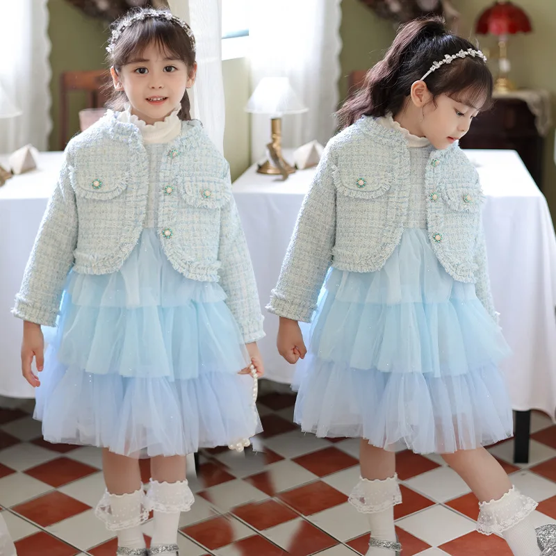 Sweet Outfits Kids Girls Clothes Sets Autumn Spring Children Beading Coat+ Tutu Dress Vintage Princess Outfits Suit 3-10 yrs