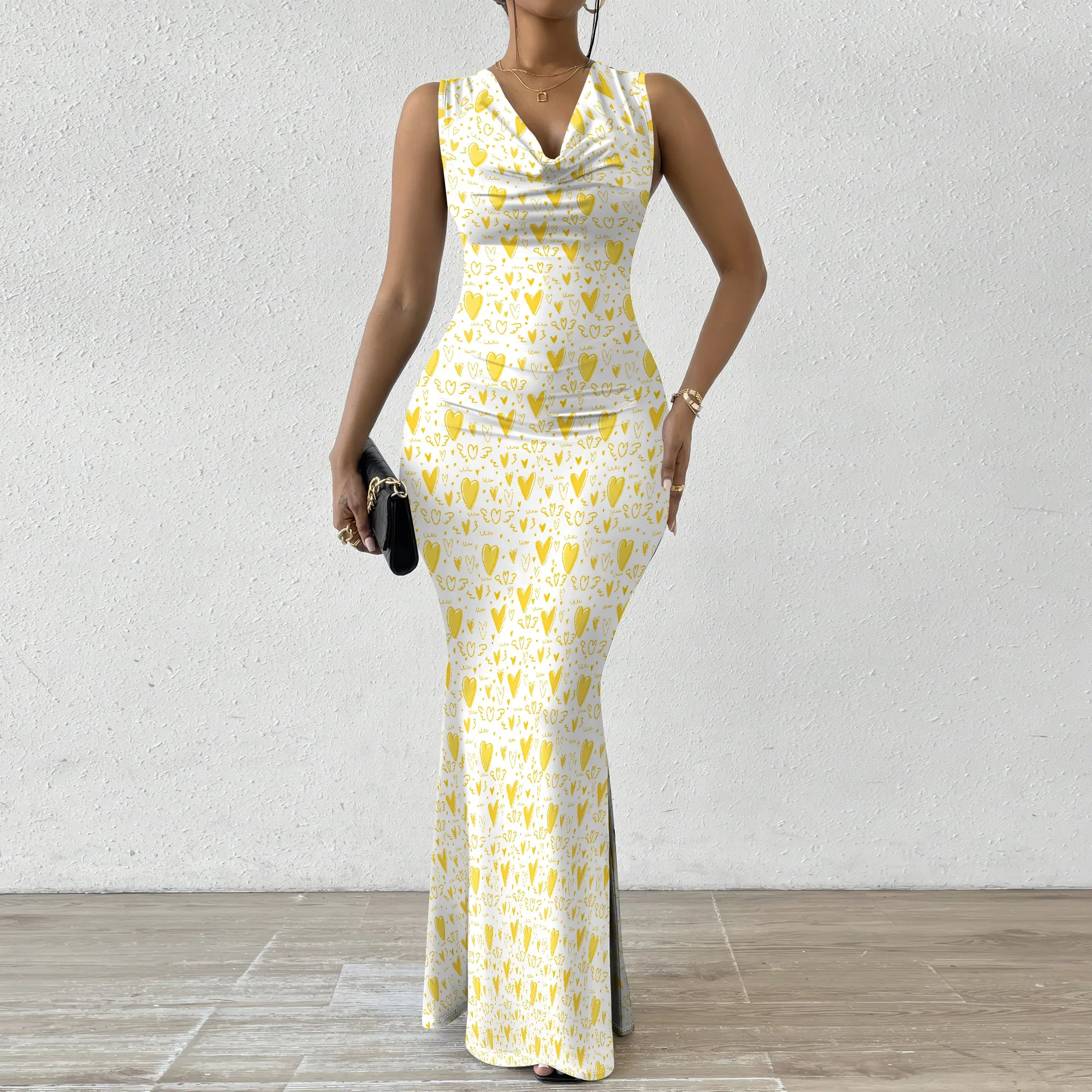 

Women's Mermaid Dress Fitted Cowl Neck Fishtail Dress XS-2XL Heart Design for Charity Ball Fundraising Event