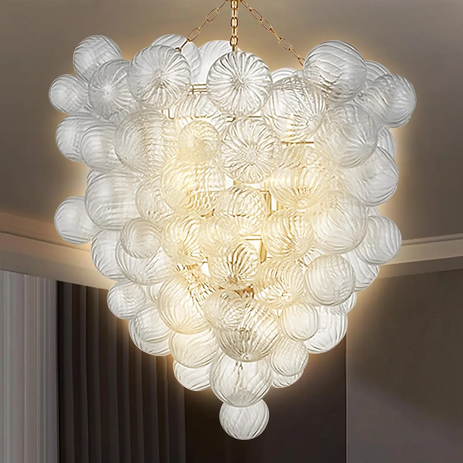 Mid Century Bubble Ball Swirled Glass Chandelier, 2-Layer Cages Gild Gold and Clear Blown Glass Large Pendant Light Fixture for