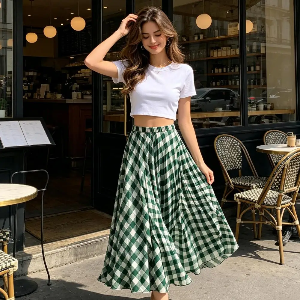 Beach Skirt Women’s Plaid Maxi Skirt Elastic Waist Long Skirt Flowy Hem Lightweight Summer for Beach Travel Vacation Party