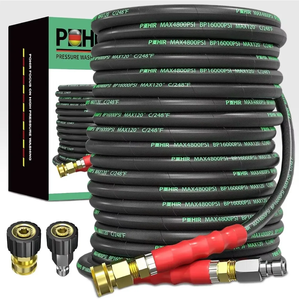 Pressure Washer Hose 100 ft Cold Hot Water 248°F End Quick Connect 4800psi Kink Resistant Industrial Grade Steel Wire Braided