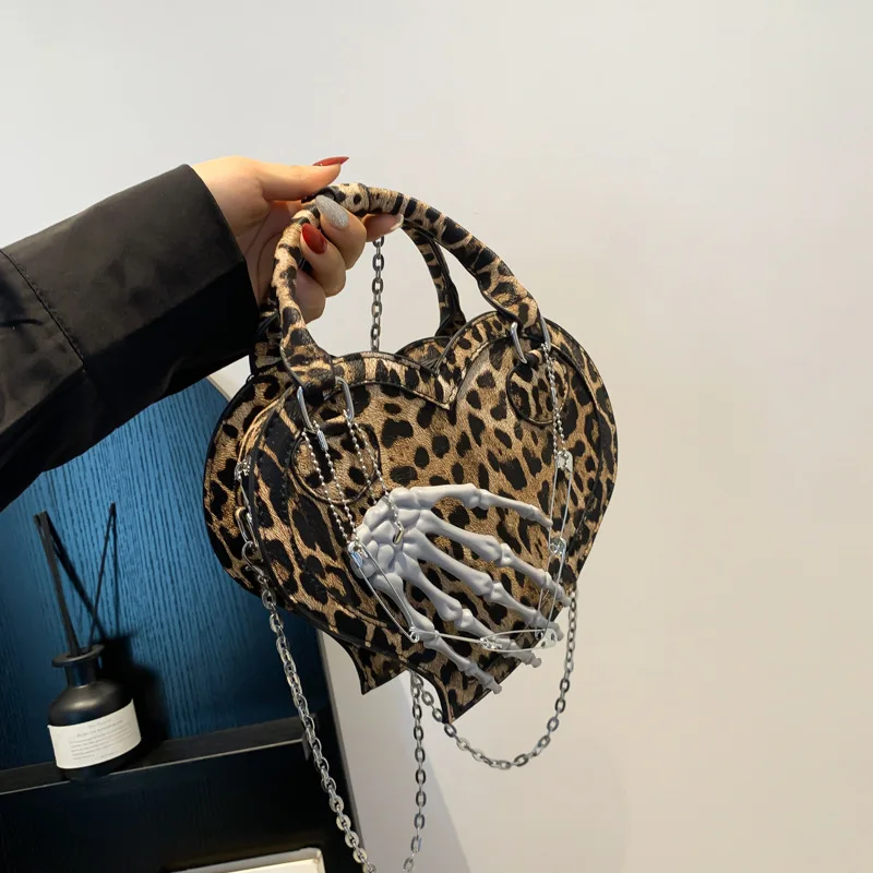 Trendy Heart Retro Leopard Handbag Clutch For Women Small PU Leater Crossbody Versatile Ghost Claw Female Bag